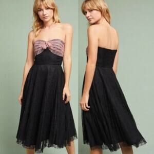Anna Sui Black & Pink Pleated Lace Strapless Dress